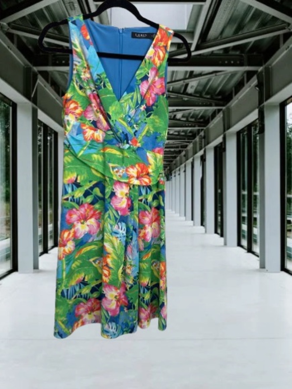 Lauren Ralph Lauren Tropical Floral V-Neck Dress in Blue & Green